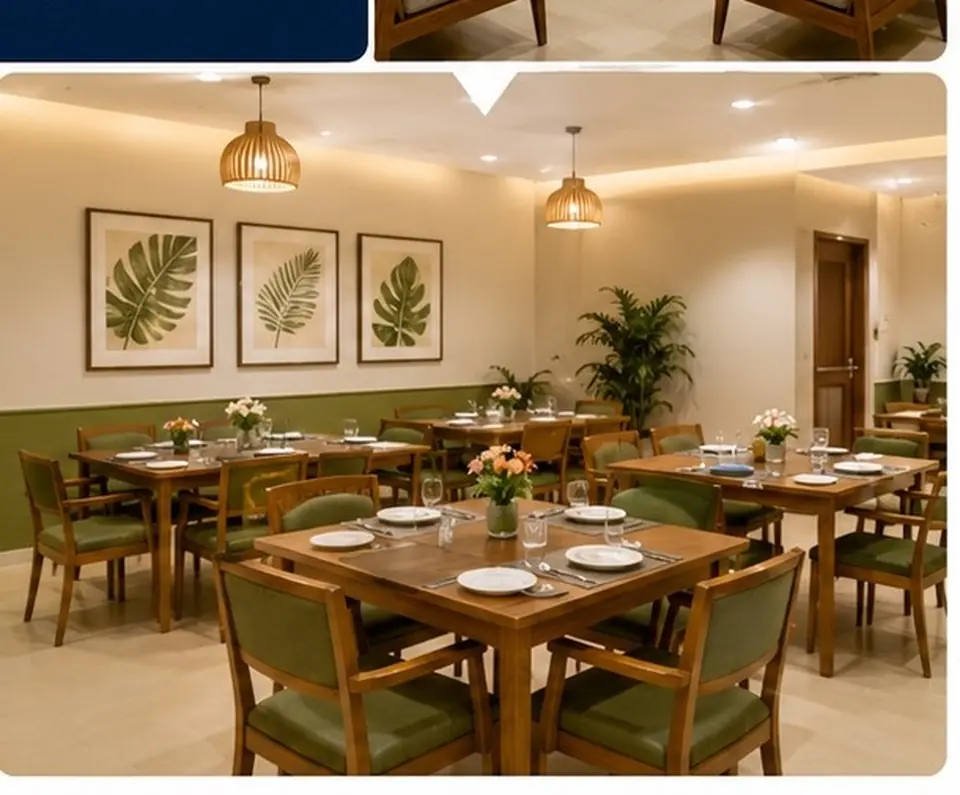 Residents' community dining room set for a meal