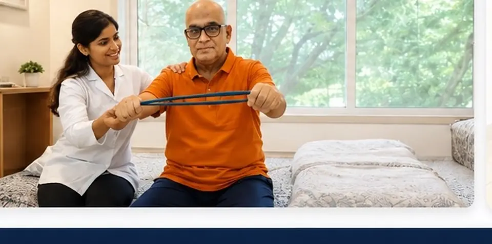 A physiotherapist guiding a senior through a resistance-band exercise