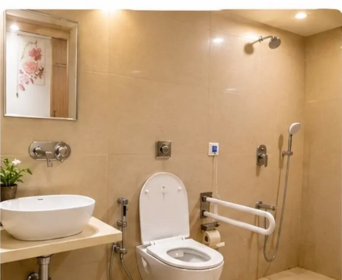 Wheelchair-accessible bathroom with grab bars and a shower seat