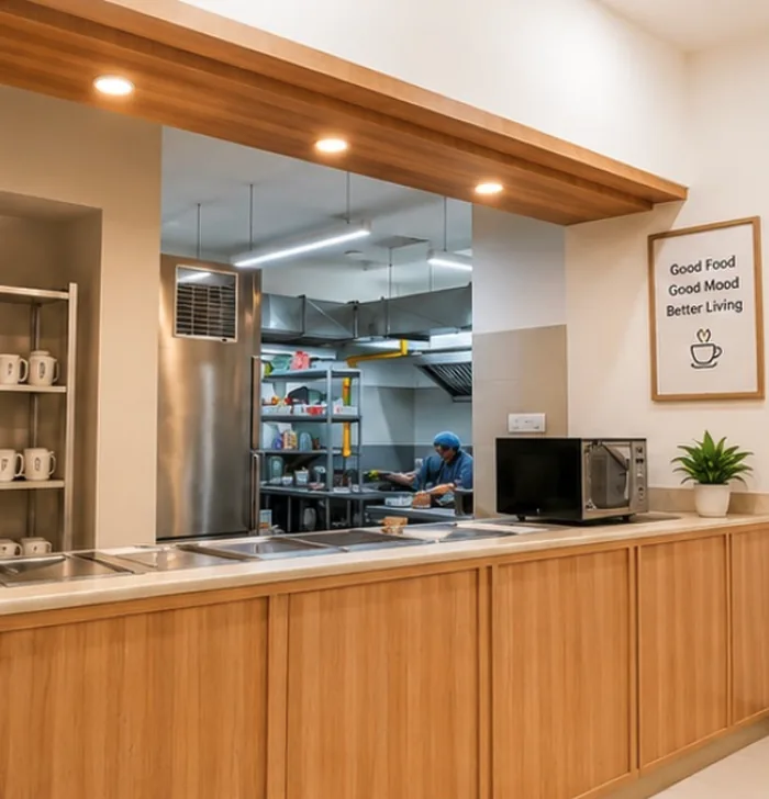 The in-house kitchen and cafe counter