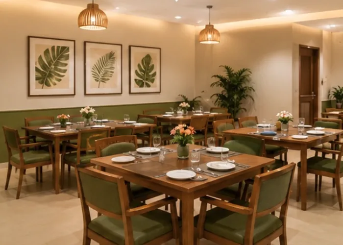 Dining tables laid out in the residents' dining hall