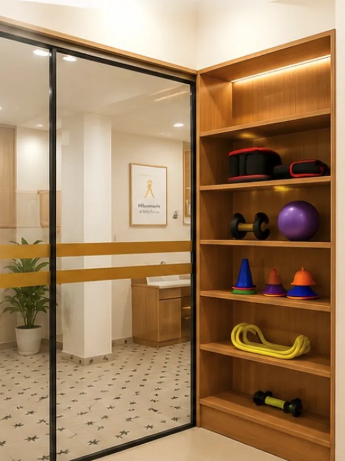 Physiotherapy lounge with therapy equipment