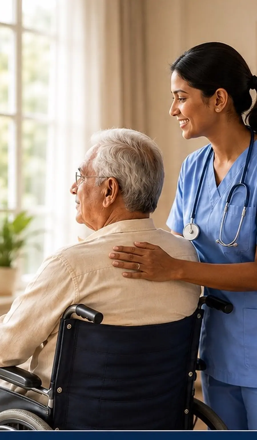 A nurse standing beside an elderly resident in a wheelchair by a sunlit window