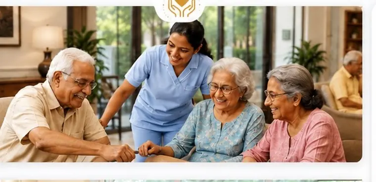 A caregiver playing a table activity with a group of senior residents