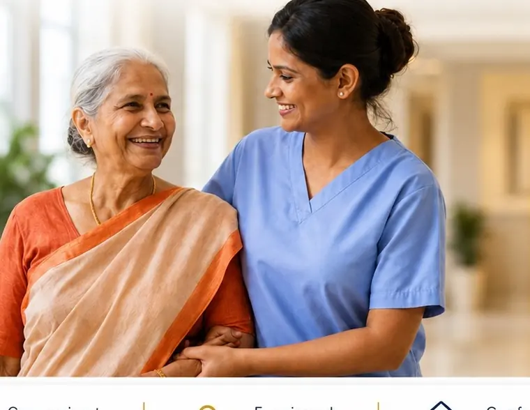 A caregiver walking arm-in-arm with an elderly resident along a sunlit corridor
