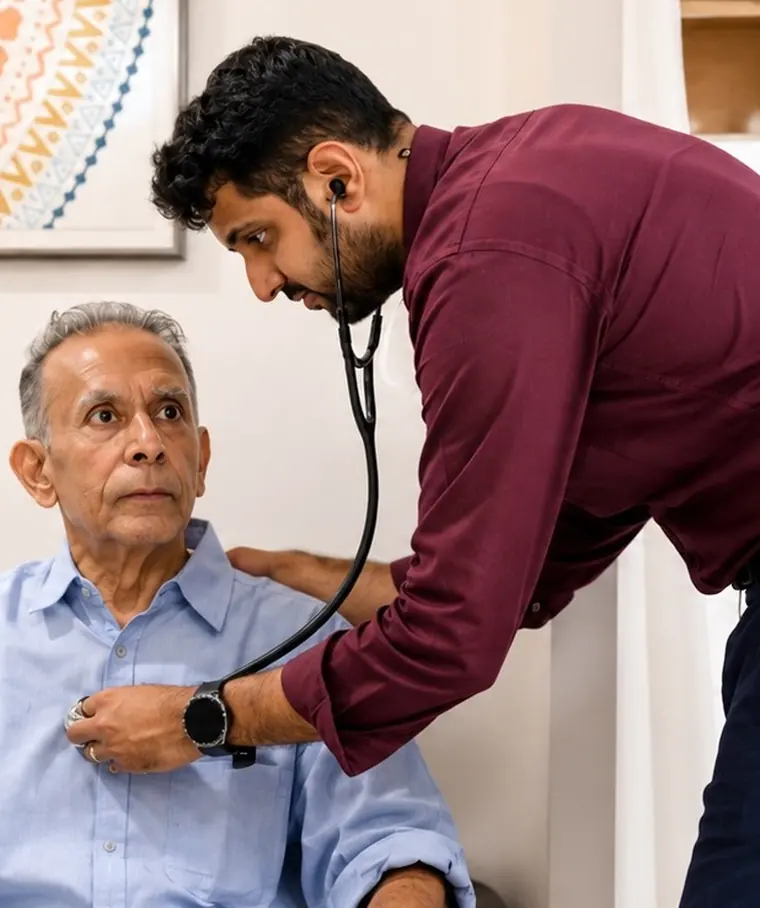 A doctor examining an elderly resident with a stethoscope in his room